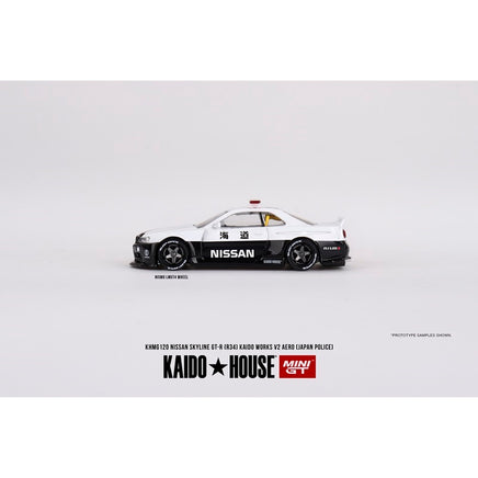 Kaido House Mini GT #120 Nissan Skyline GT-R (R34) "Kaido Works (V2 Aero)" RHD "Japan Police" 1:64 Diecast Car