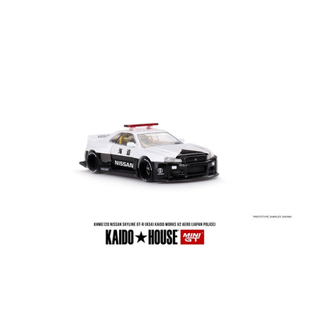 Kaido House Mini GT #120 Nissan Skyline GT-R (R34) "Kaido Works (V2 Aero)" RHD "Japan Police" 1:64 Diecast Car