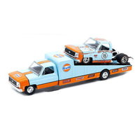 M2 Machines Mijo Exclusives Auto-Haulers 1973 Chevrolet C30 Wedge Truck & 1978 Chevrolet Silverado 10 Bedless Gulf Livery – Blue – Limited Edition