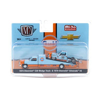M2 Machines Mijo Exclusives Auto-Haulers 1973 Chevrolet C30 Wedge Truck & 1978 Chevrolet Silverado 10 Bedless Gulf Livery – Blue – Limited Edition