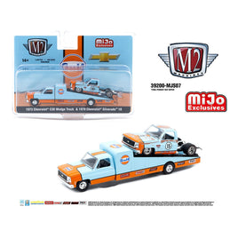 M2 Machines Mijo Exclusives Auto-Haulers 1973 Chevrolet C30 Wedge Truck & 1978 Chevrolet Silverado 10 Bedless Gulf Livery – Blue – Limited Edition