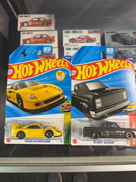Hot Wheels Yellow Ferrari F40 and Grey Chevy Silverado Mainlines HTF