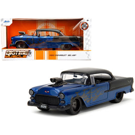 Jada Bigtime Muscle 1955 Chevrolet Bel Air Blue Metallic and Black with Black Flames