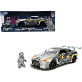 2009 Nissan GT-R (R35) Ben Sopra Brushed Metal with Black Top and Graphics and Mechagodzilla Diecast 1/24 Diecast Model by Jada