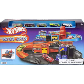 Hot Wheels Ultra Hots Sto & Go Track Set, 5 Die-Cast Cars