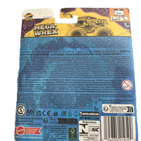Back of a Hot Wheels Mega-Wrex toy package, showing product details, warning labels, regulatory marks, and a barcode on a blue card.
